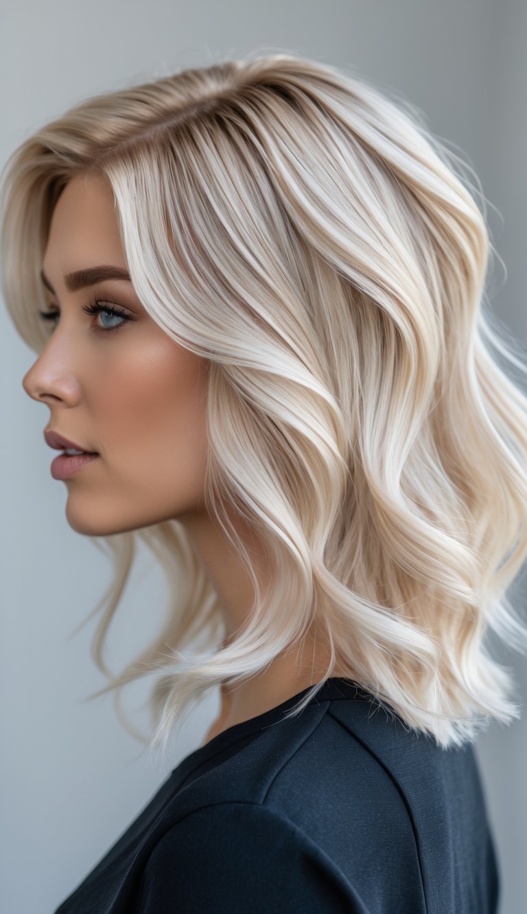 Close-up of a woman with blonde hair featuring frosted blonde tips, showing smooth color transition and wavy texture.