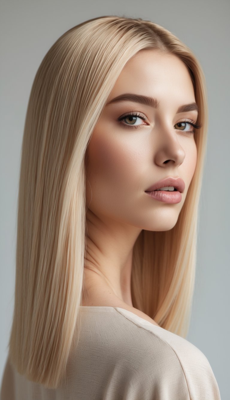 A woman with smooth, straight beige blonde hair shown from the shoulders up against a plain background.