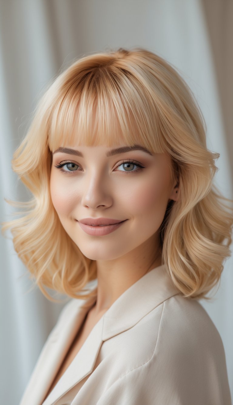 A young woman with bright blonde curtain bangs smiling against a neutral background.