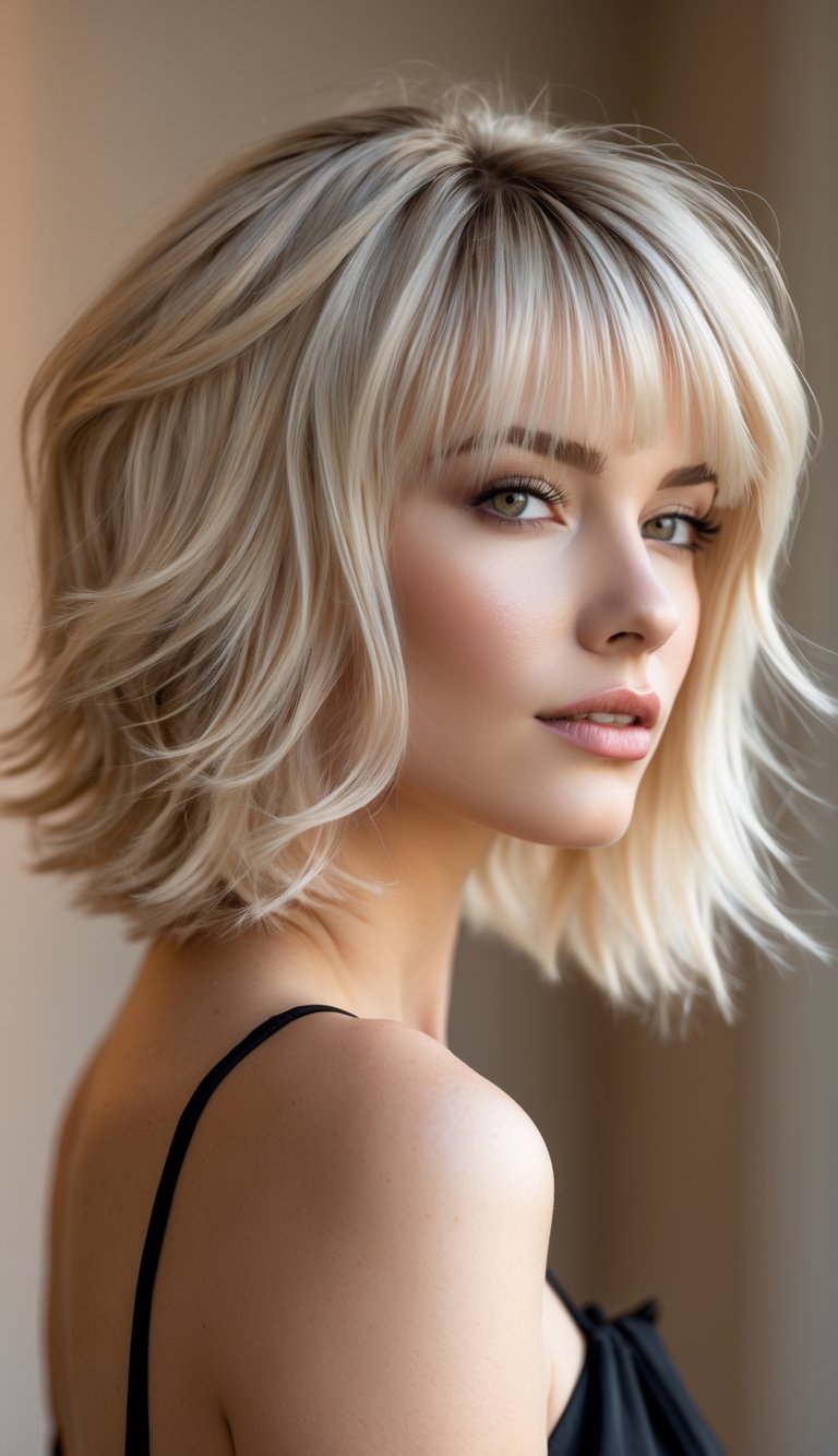 A woman with soft blonde shag haircut looking confidently at the camera against a blurred neutral background.