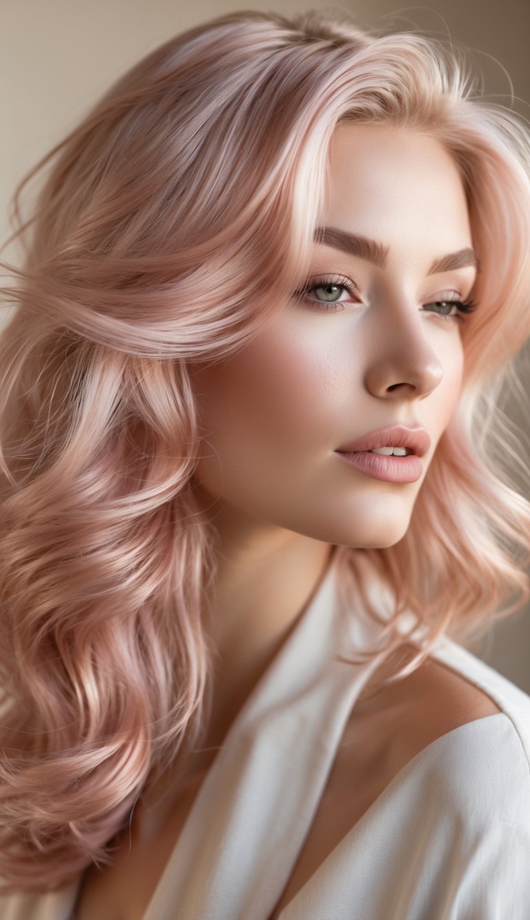 Close-up of a woman with light blonde hair featuring rose gold highlights, styled in soft waves.