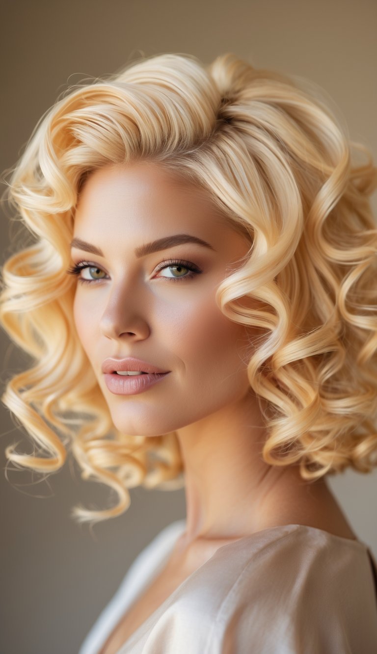 Close-up portrait of a woman with bright blonde ringlet curls and a calm expression.