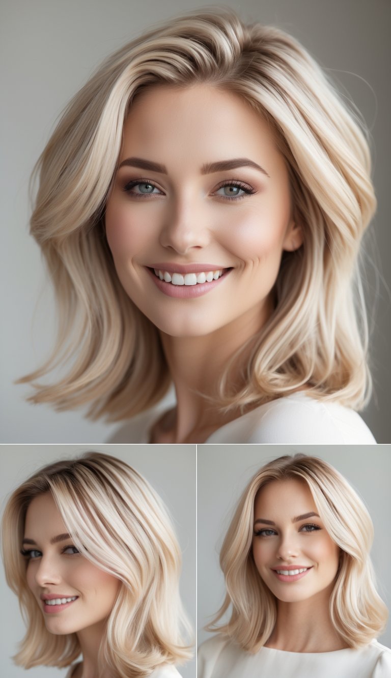A smiling woman with natural blonde hair featuring subtle lowlights, styled in loose waves against a neutral background.