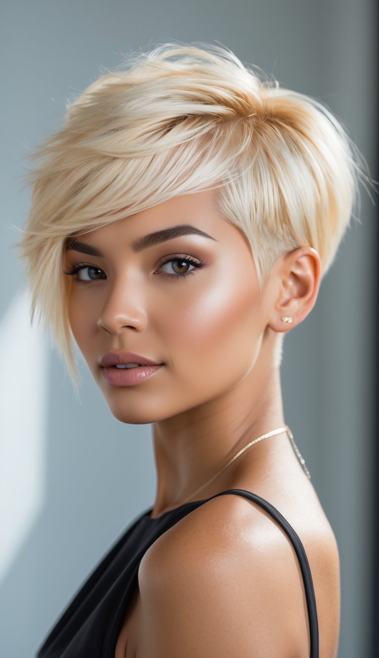Young woman with bright blonde pixie haircut and undercut smiling in a studio setting.