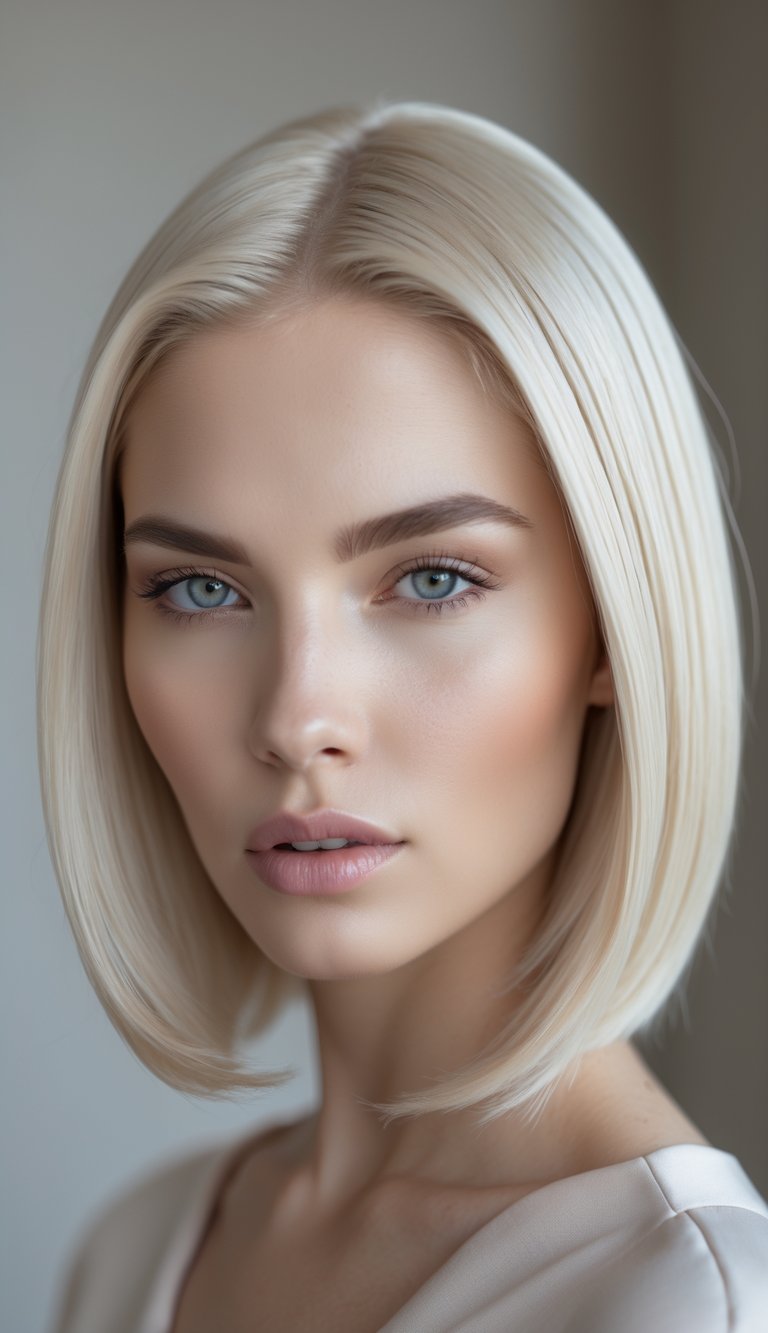 Close-up of a woman with matte blonde hair parted in the center, looking straight ahead.