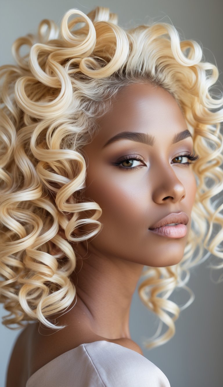 Close-up of a woman with shiny blonde spiral curls against a neutral background.