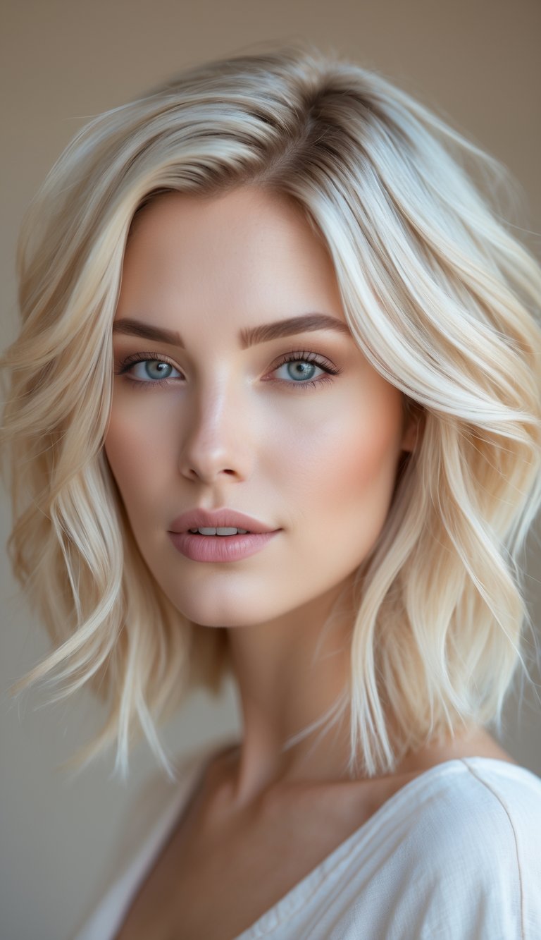 Close-up portrait of a woman with light blonde hair featuring baby blonde streaks, styled in soft waves.