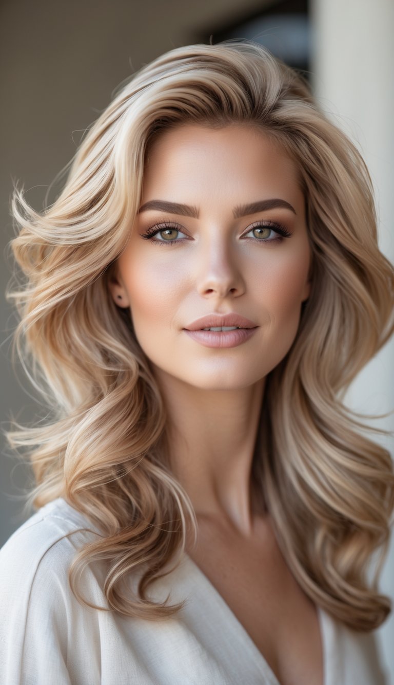 Close-up of a woman with wavy sandy blonde and brown blended hair, looking confidently at the camera.