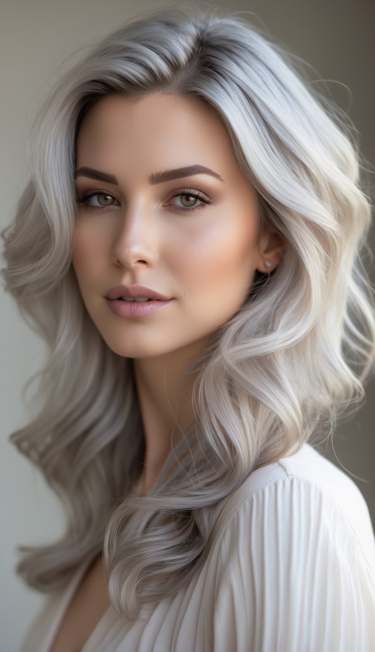 Close-up portrait of a woman with muted blonde hair featuring silver undertones, styled in soft waves, against a neutral blurred background.