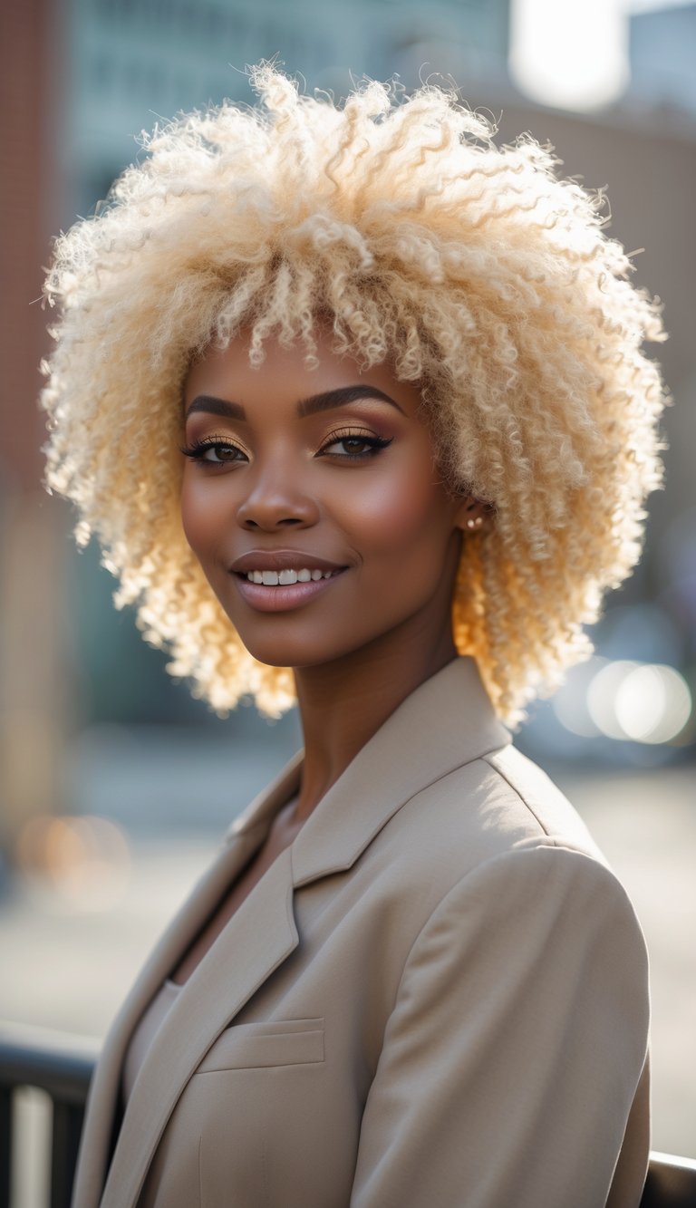 A young woman with a bleach blonde afro smiling outdoors with a blurred urban background.