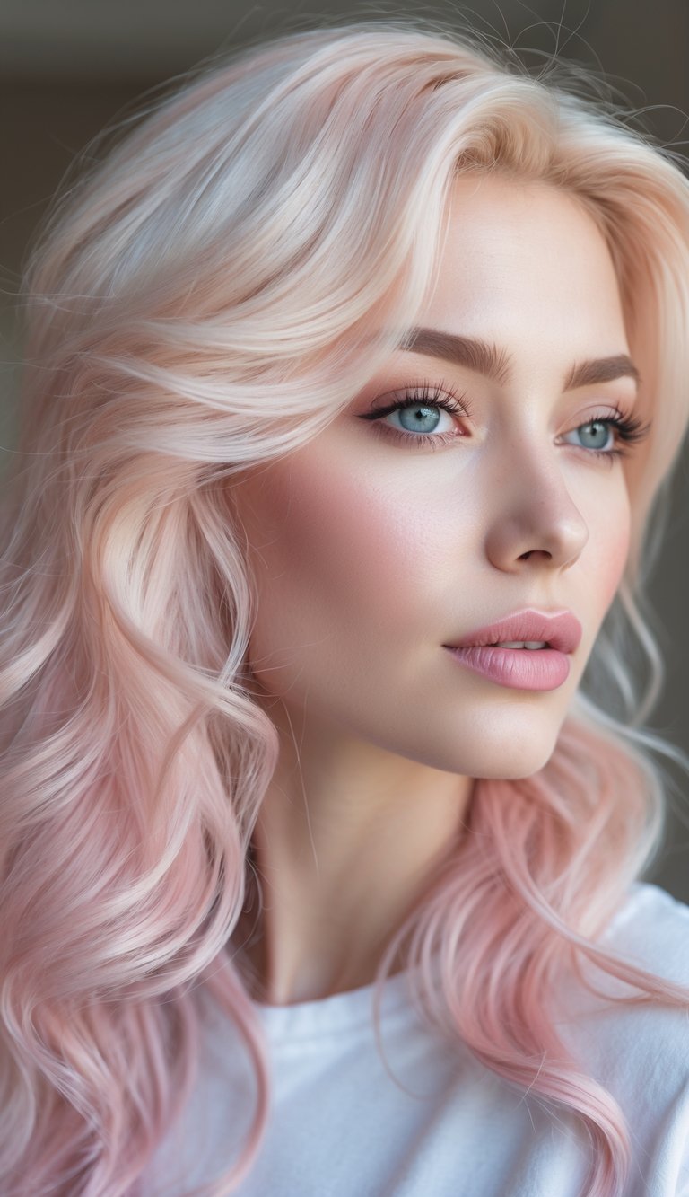 Close-up of a woman with soft pink and blonde wavy hair, smiling gently against a blurred neutral background.