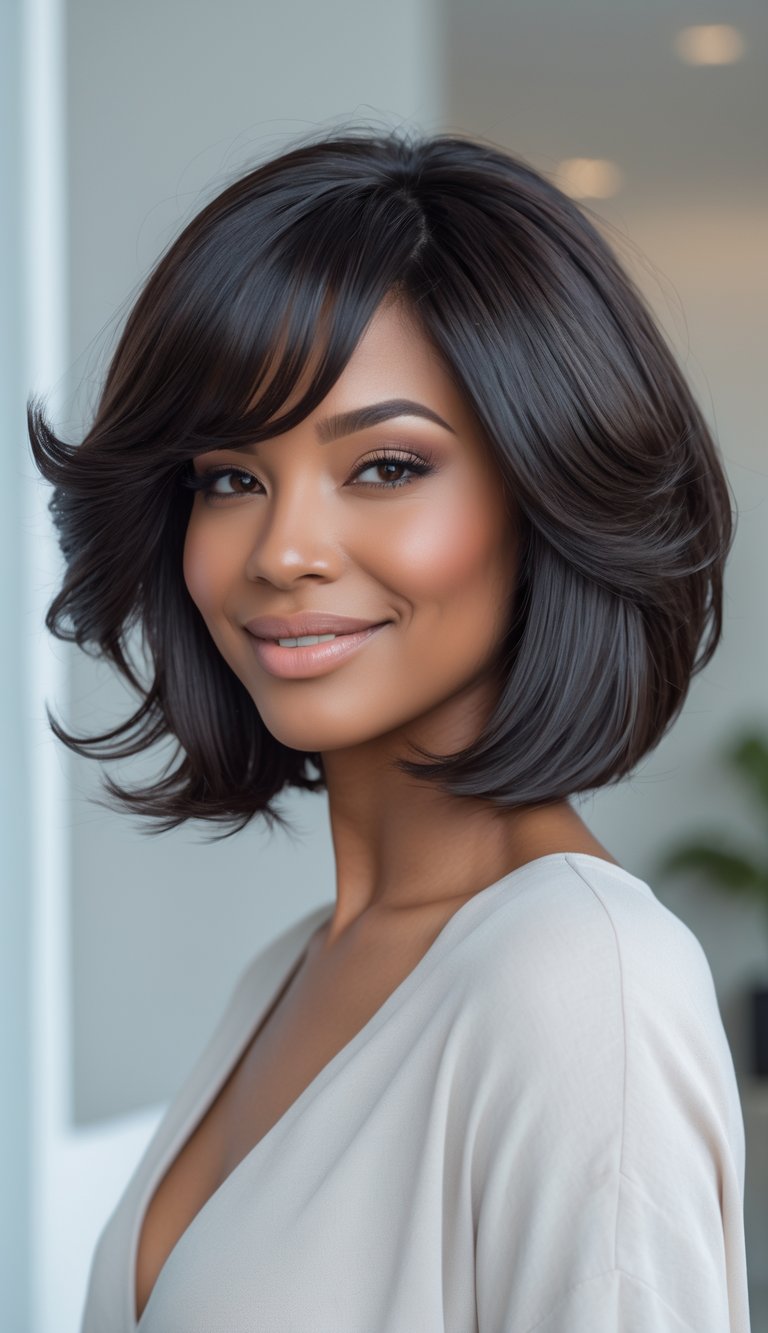 A woman with thick hair styled in a layered bob with side bangs, smiling in a bright studio.