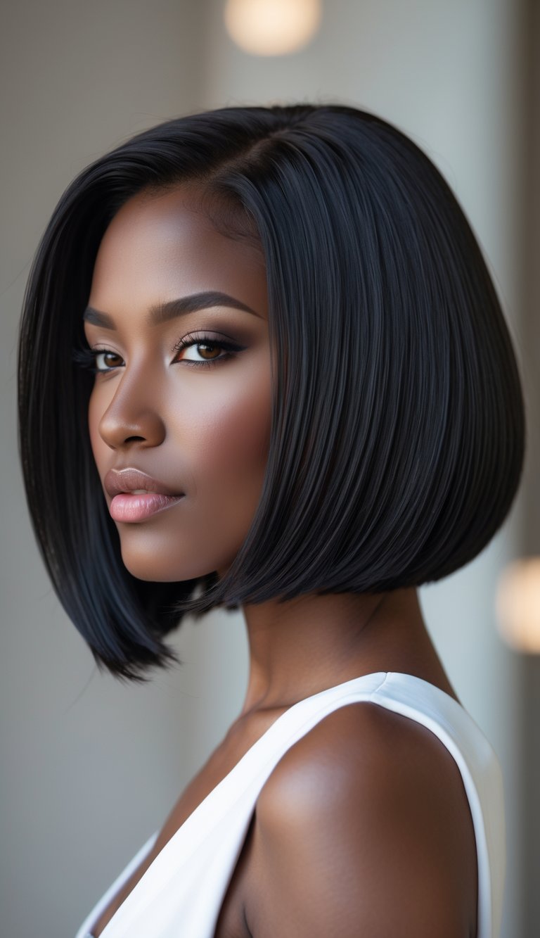 Portrait of a woman with thick hair styled in a sharp angled bob haircut, looking confidently at the camera.
