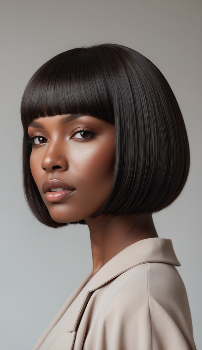 A woman with a blunt bob haircut standing against a plain background, looking confidently at the camera.