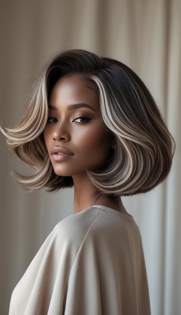 A woman with thick hair styled in an inverted bob with highlights, looking confidently at the camera against a neutral background.