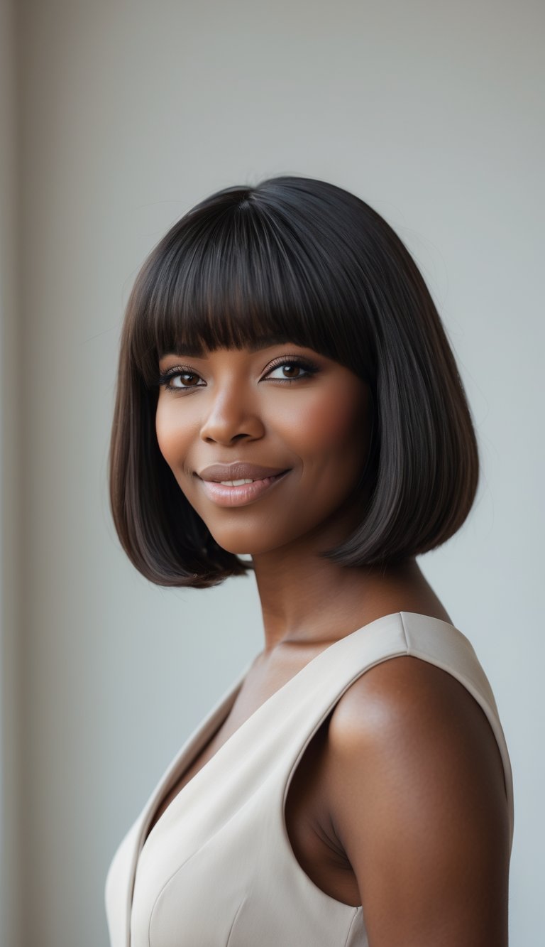 A woman with a chin-length bob haircut and curtain bangs smiling against a plain background.
