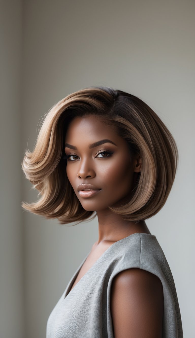 A woman with thick hair styled in a voluminous stacked bob haircut, smiling against a plain background.