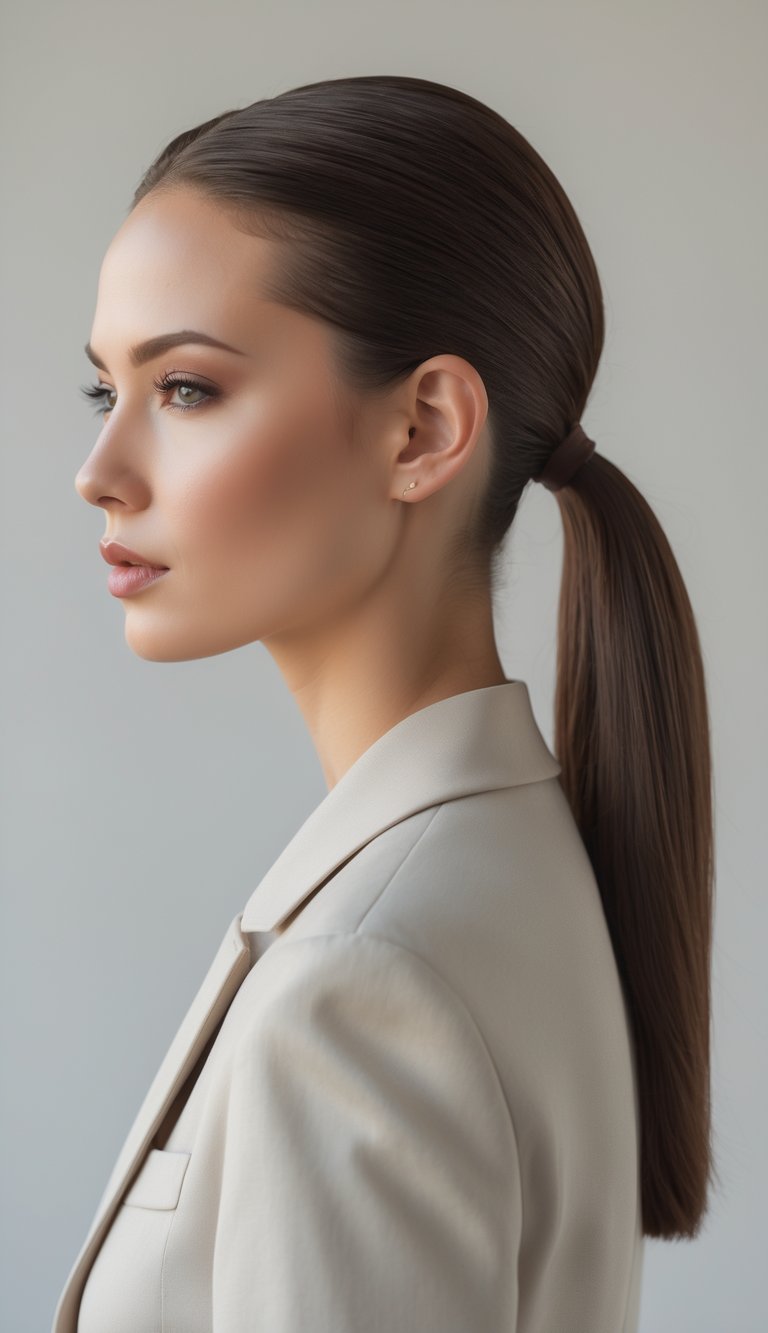 Portrait of a woman with her hair pulled back into a low ponytail, shown from the shoulders up against a plain background.
