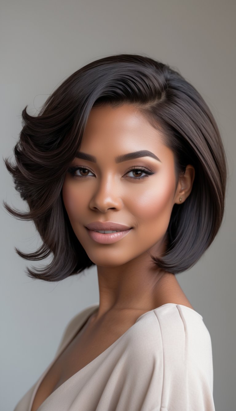 A woman with thick hair styled in a bob haircut with layers framing her face, smiling softly against a neutral background.