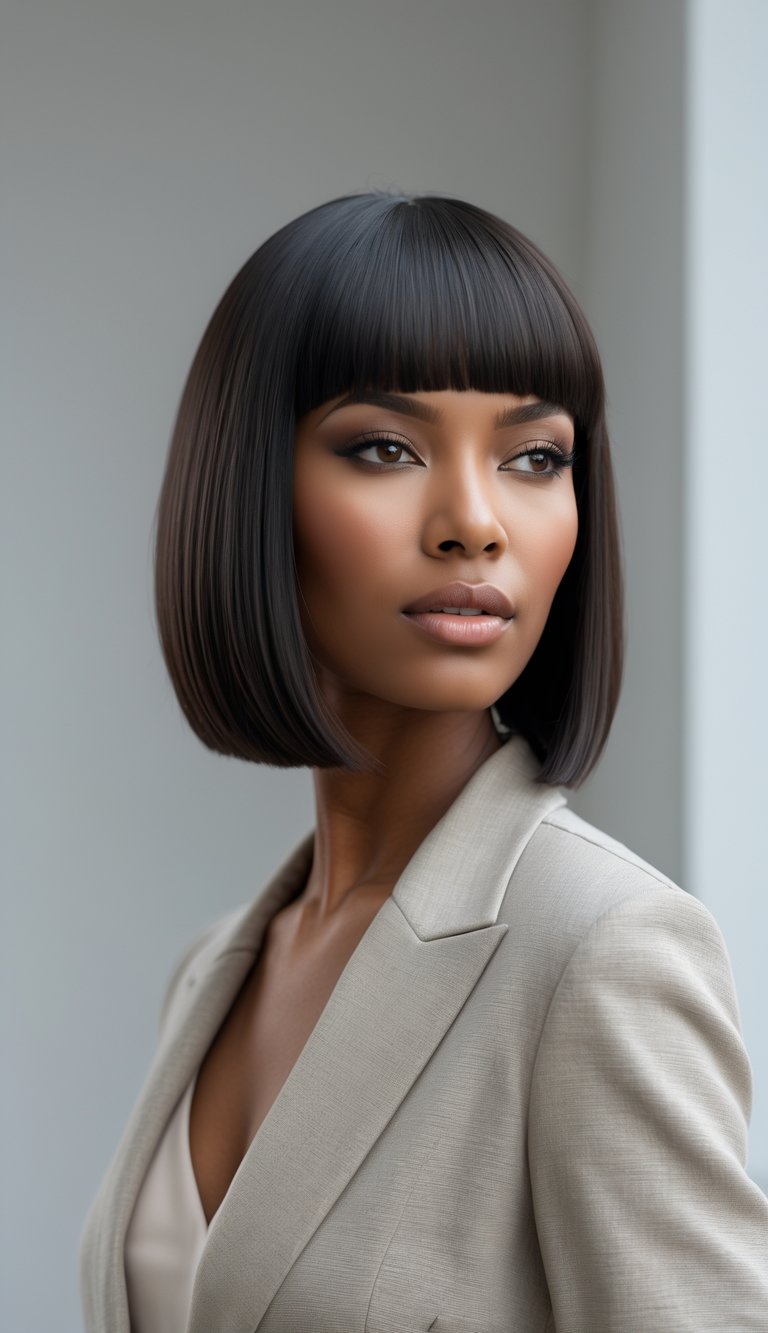 A woman with thick hair styled in a sleek straight bob, looking confidently at the camera against a neutral background.