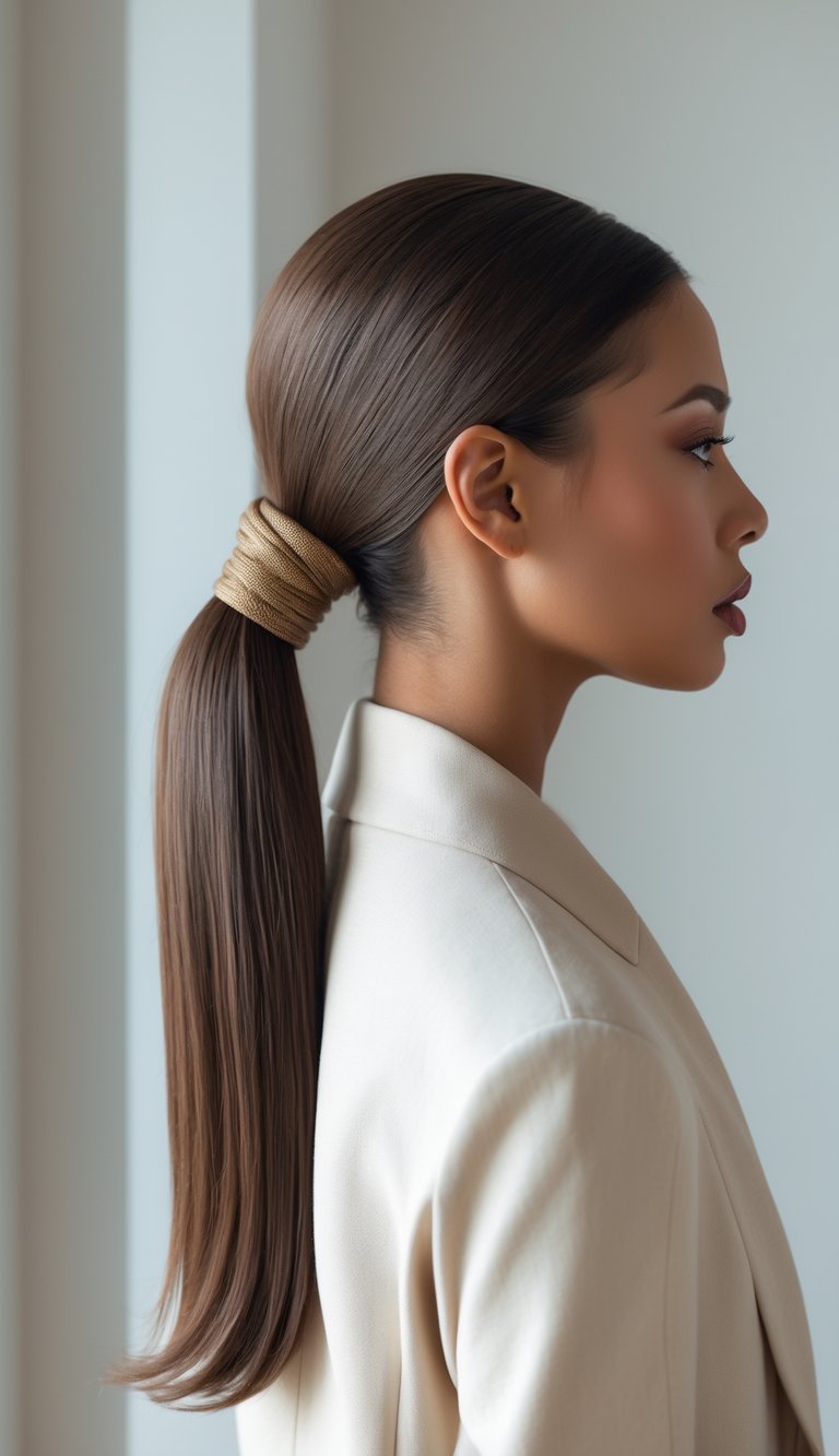 A woman with dark hair styled in a smooth low ponytail secured at the back of her head.