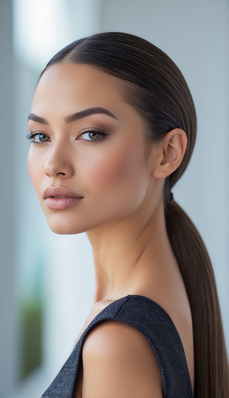 A woman with her hair pulled back into a low ponytail, with smooth hair along her hairline, looking confidently at the camera.