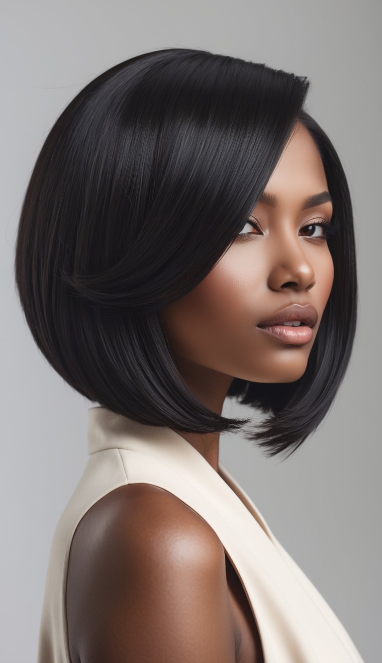A woman with thick hair styled in an asymmetrical bob cut, posing against a plain background.
