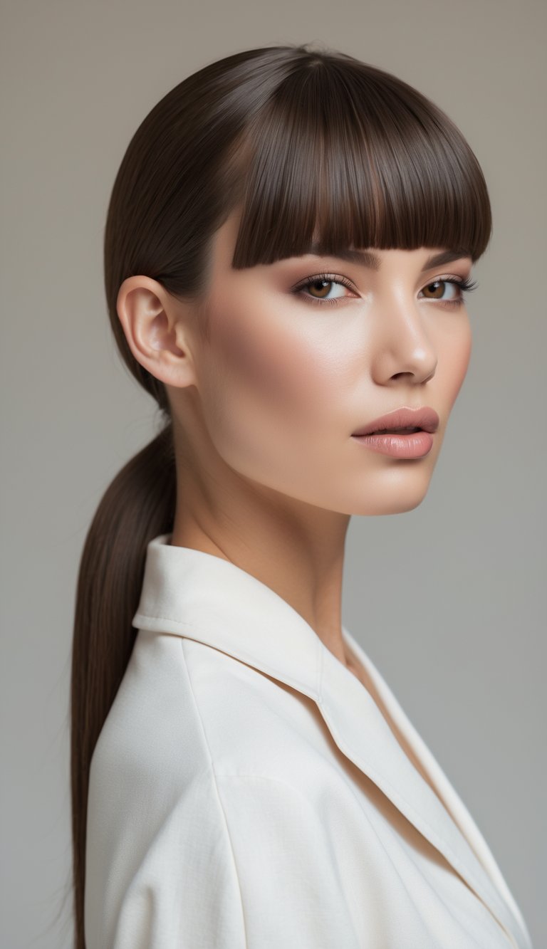 Portrait of a woman with a low ponytail and straight bangs, looking confidently at the camera against a neutral background.