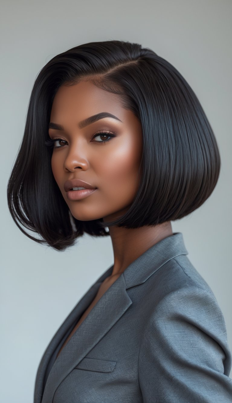 A woman with thick hair styled in a bob with an undercut, standing against a plain background.