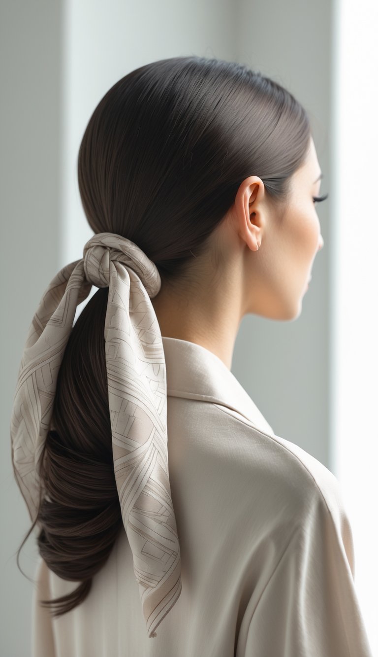 A woman with a low ponytail tied with a hair scarf, shown from the side against a plain background.