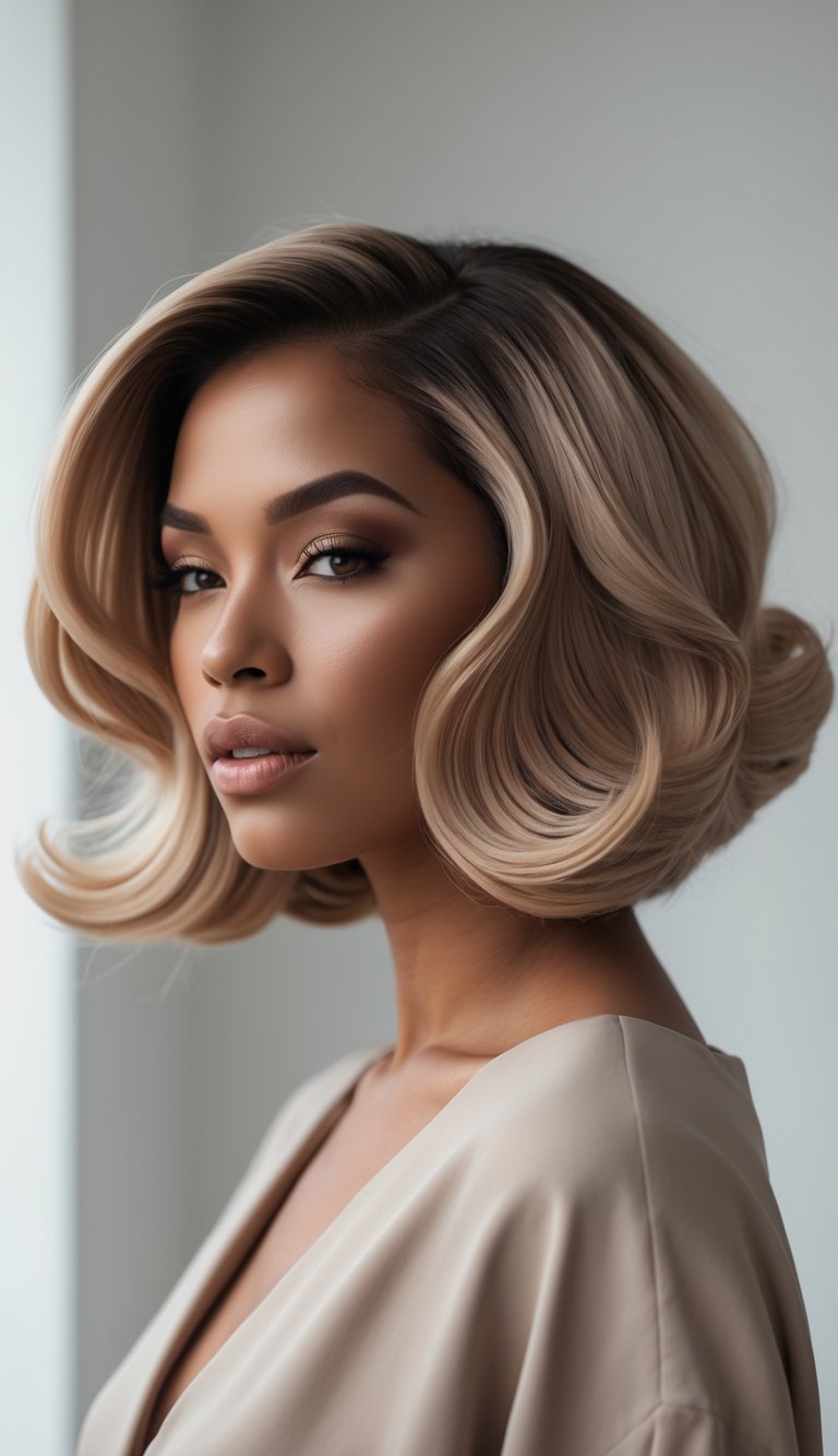 A woman with thick hair styled in a bob haircut with soft waves, looking confidently at the camera against a plain background.