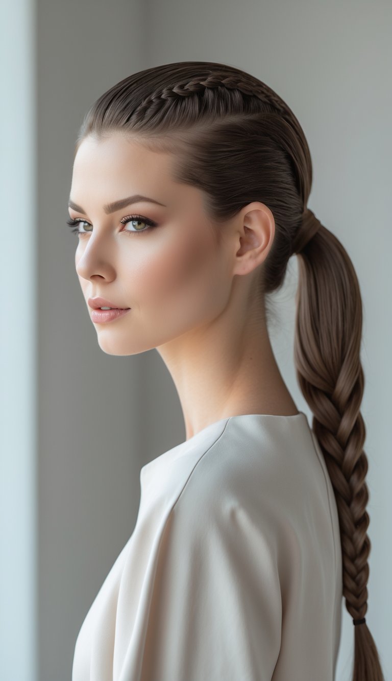 Close-up of a woman with her hair pulled back into a low ponytail with a braid at the base, against a plain background.