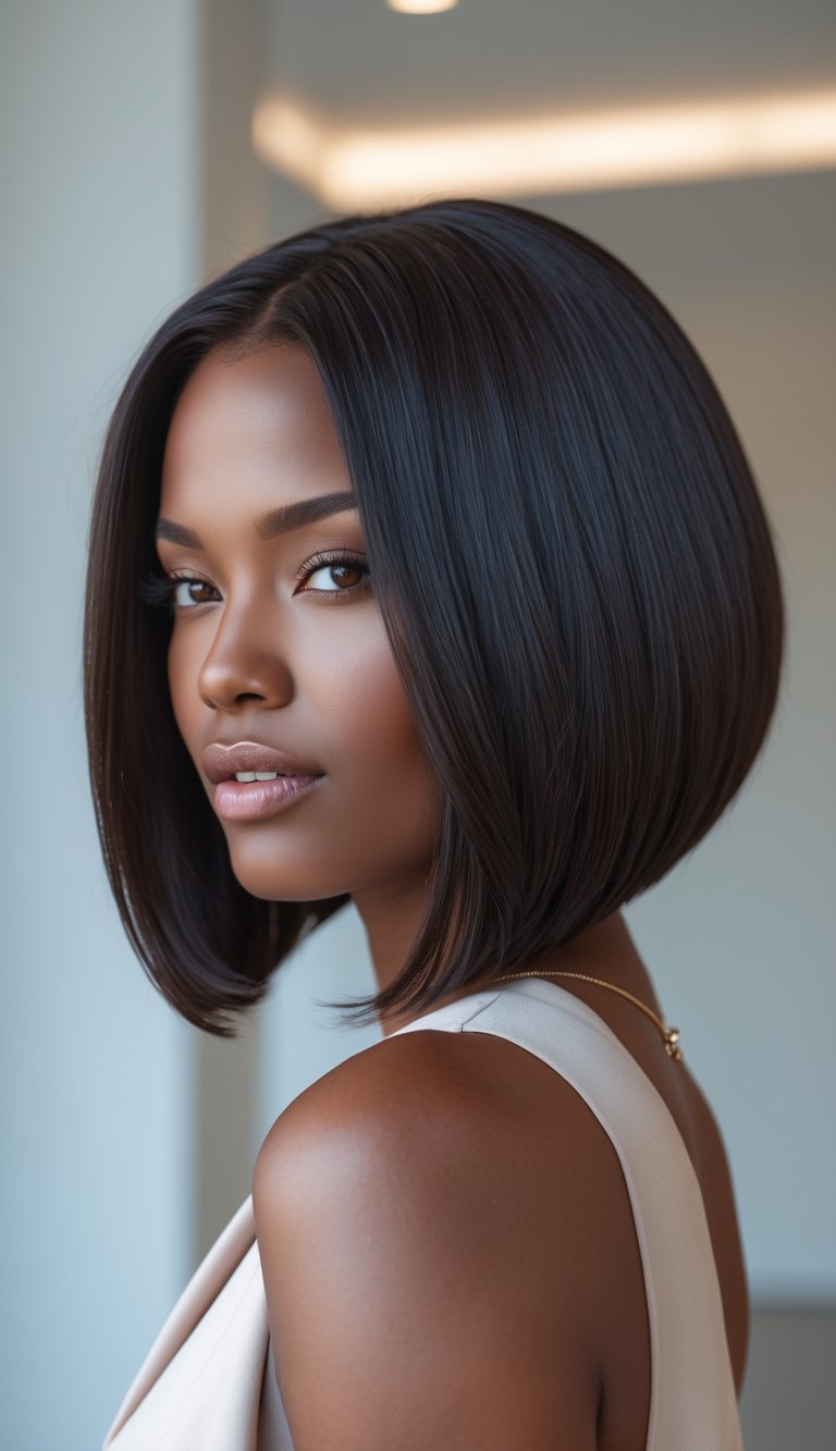 A woman with thick hair styled in a deep side part bob haircut, standing against a plain background.