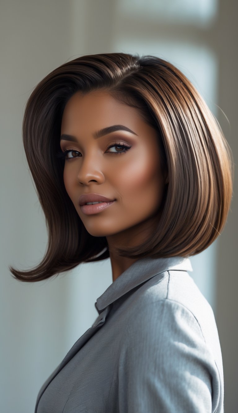 Portrait of a woman with thick, voluminous bob hairstyle looking confidently at the camera.
