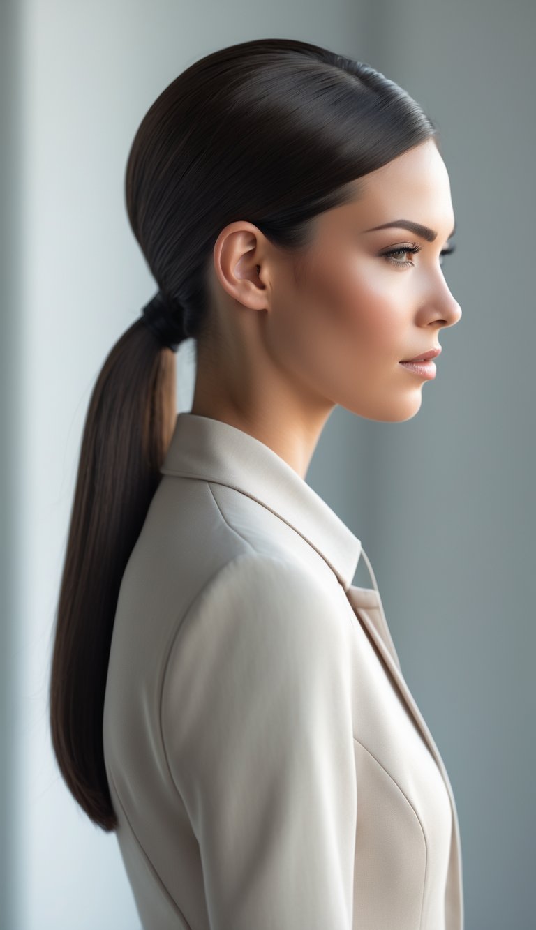 A woman with dark hair pulled back into a low ponytail, with a center part, looking straight ahead against a neutral background.