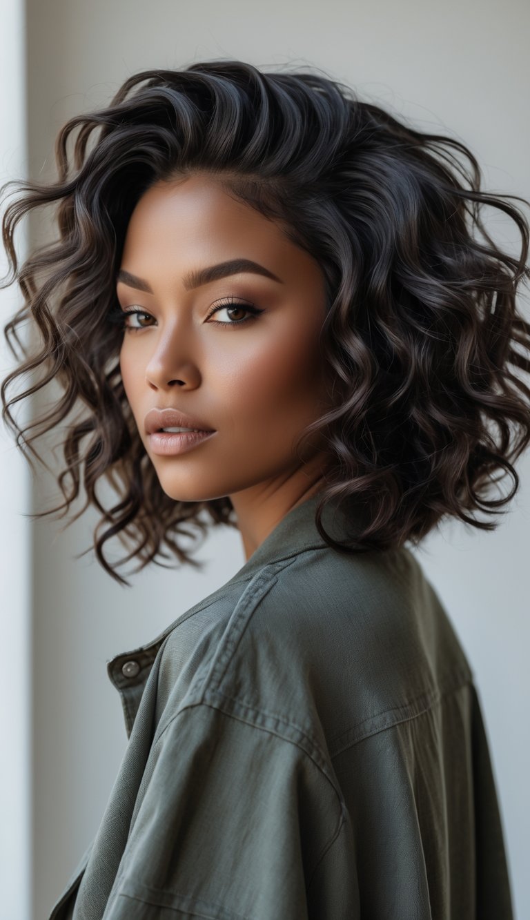 A woman with thick hair styled in a messy bob with loose curls, smiling gently against a plain background.