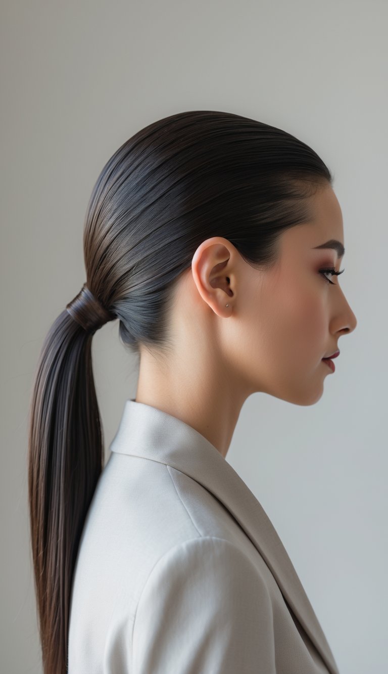 A woman with dark hair styled in a low ponytail, standing against a plain background.