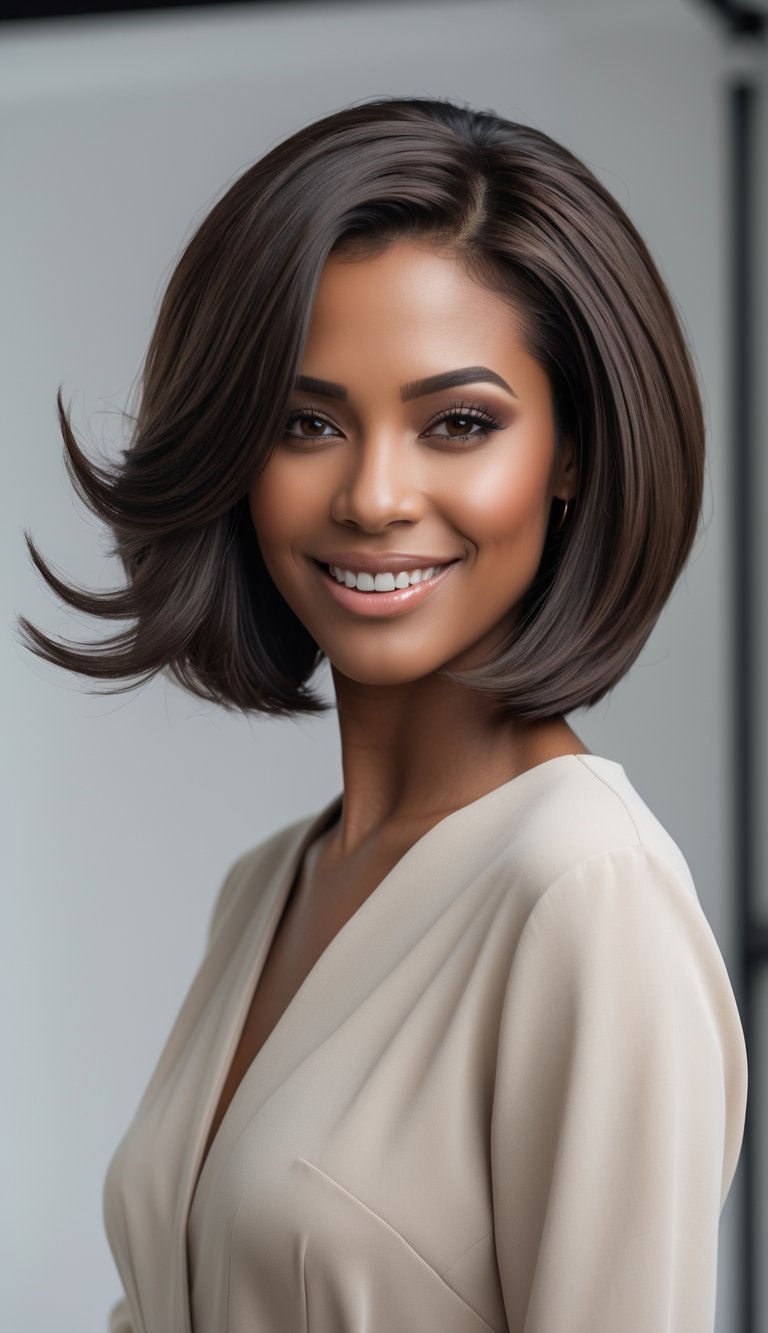 A woman with thick hair styled in a bob haircut with feathered ends, smiling against a plain background.
