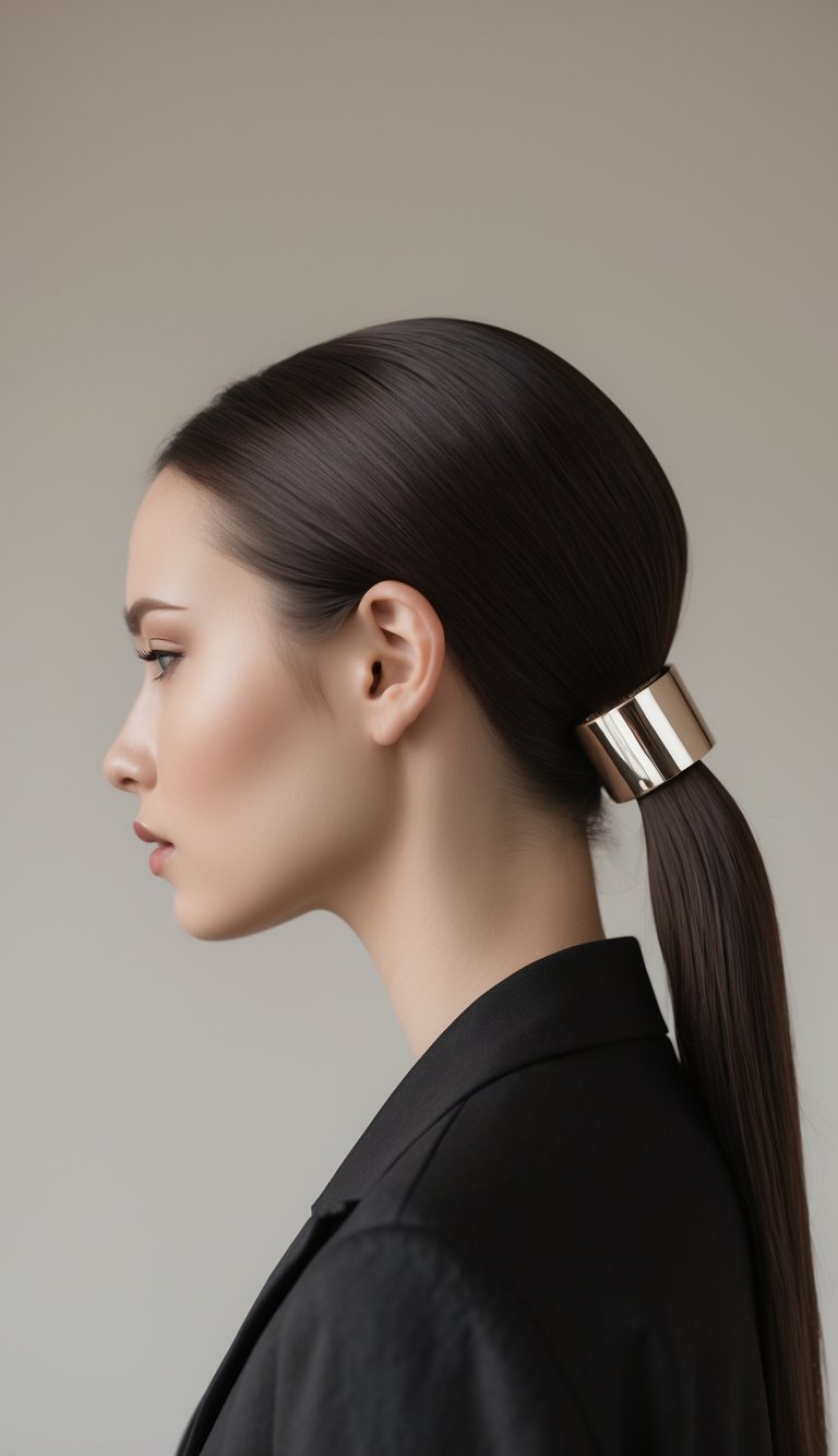 Close-up of a woman with her hair pulled back into a low ponytail secured by a metallic hair cuff.