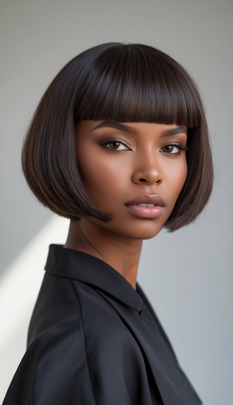 A woman with thick hair styled in a short bob with blunt bangs, looking confidently at the camera against a plain background.