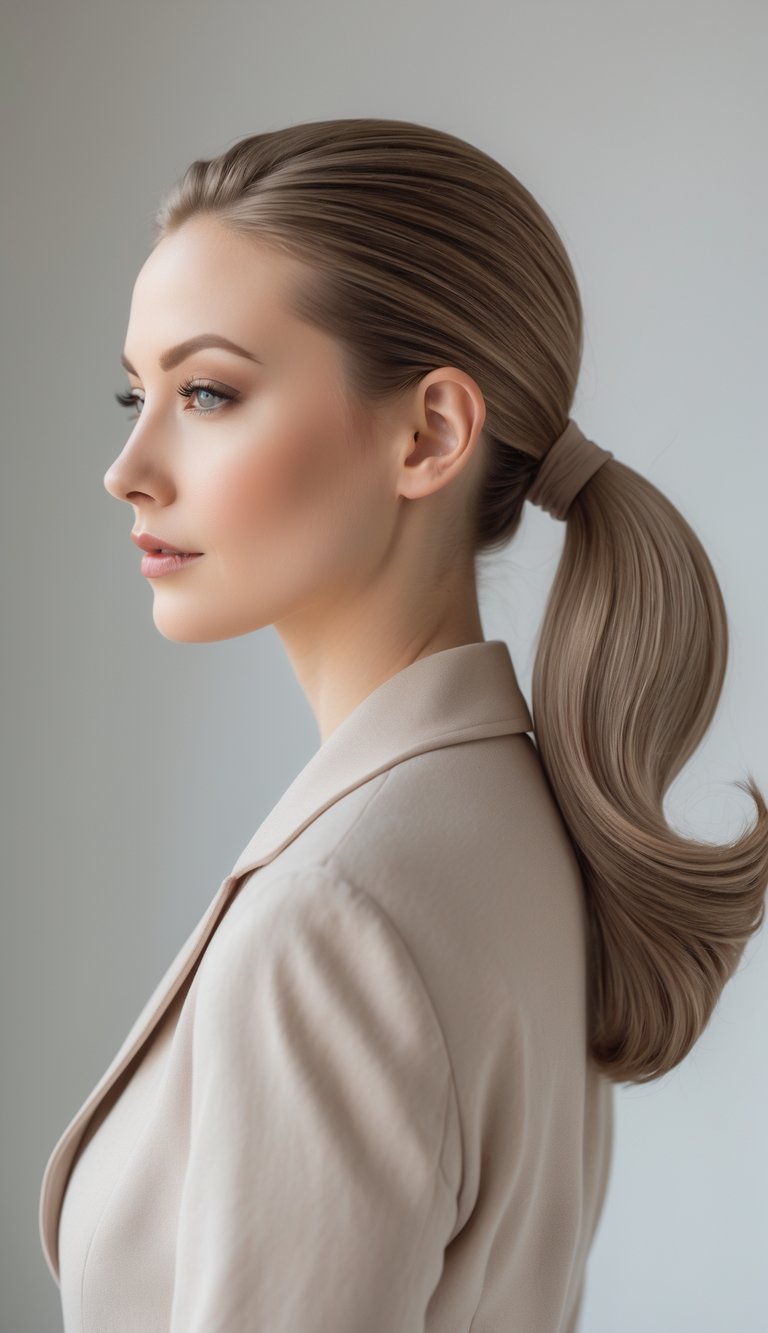 A woman with a low ponytail featuring soft waves at the ends, photographed in a studio with a neutral background.