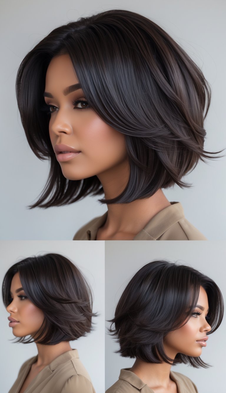 A woman with thick hair styled in a long bob haircut with layered ends, shown in a well-lit studio with a neutral background.