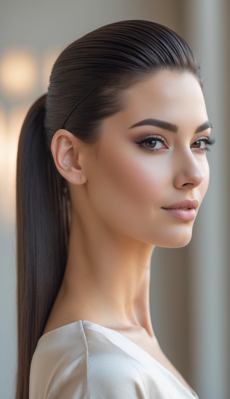 A woman with smooth hair pulled back into a low ponytail, looking slightly to the side against a neutral background.