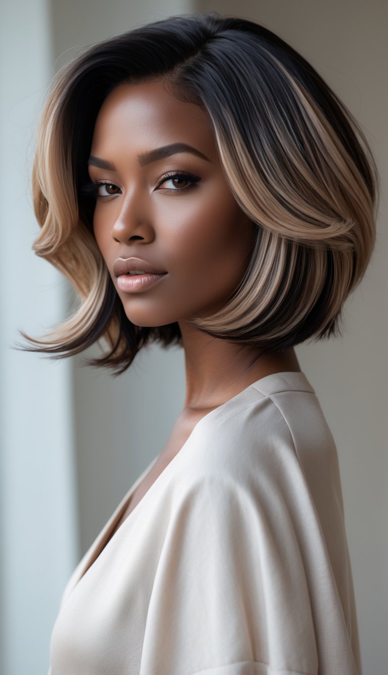 A woman with thick hair styled in a short bob with highlighted strands, smiling gently in a studio setting.
