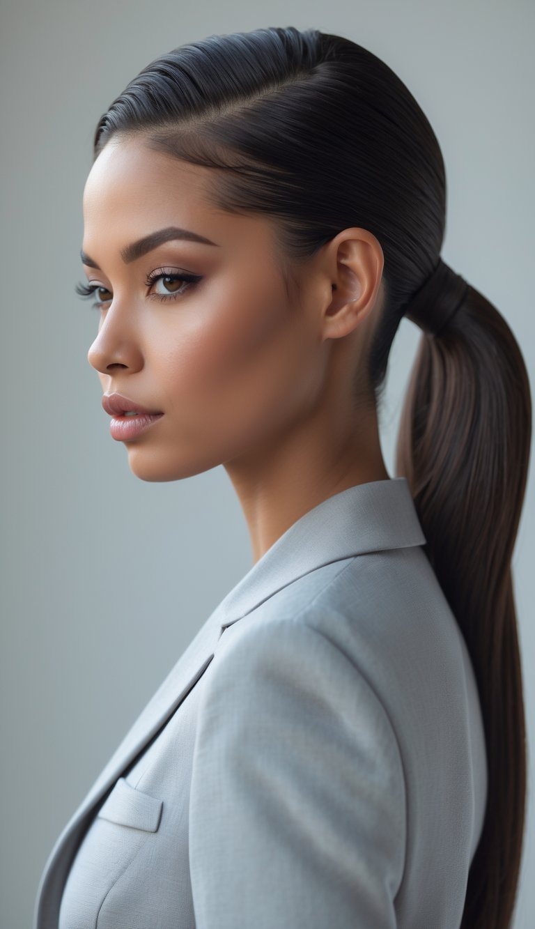 Portrait of a woman with her hair pulled back into a low ponytail, looking confidently at the camera against a neutral background.