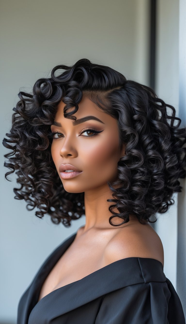 A woman with thick curly hair styled in a bob with defined ringlets, smiling gently against a plain background.