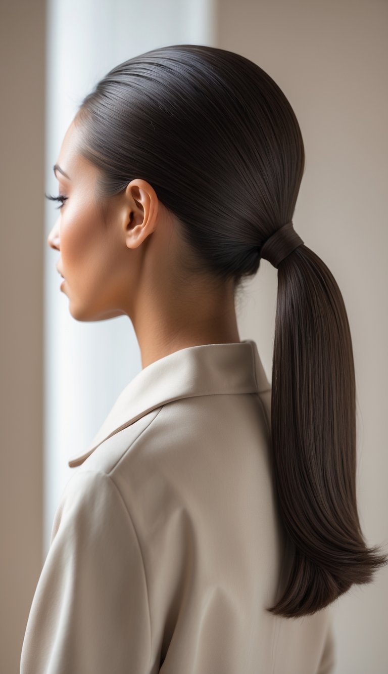A woman with her hair styled in a low ponytail, seen from the back and side.