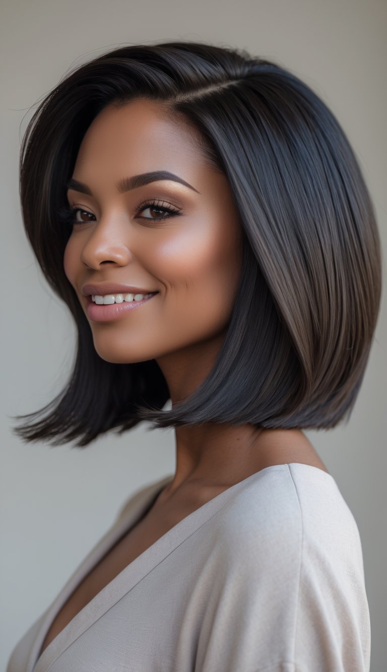 A woman with thick hair styled in a bob haircut with textured ends, smiling softly against a neutral background.