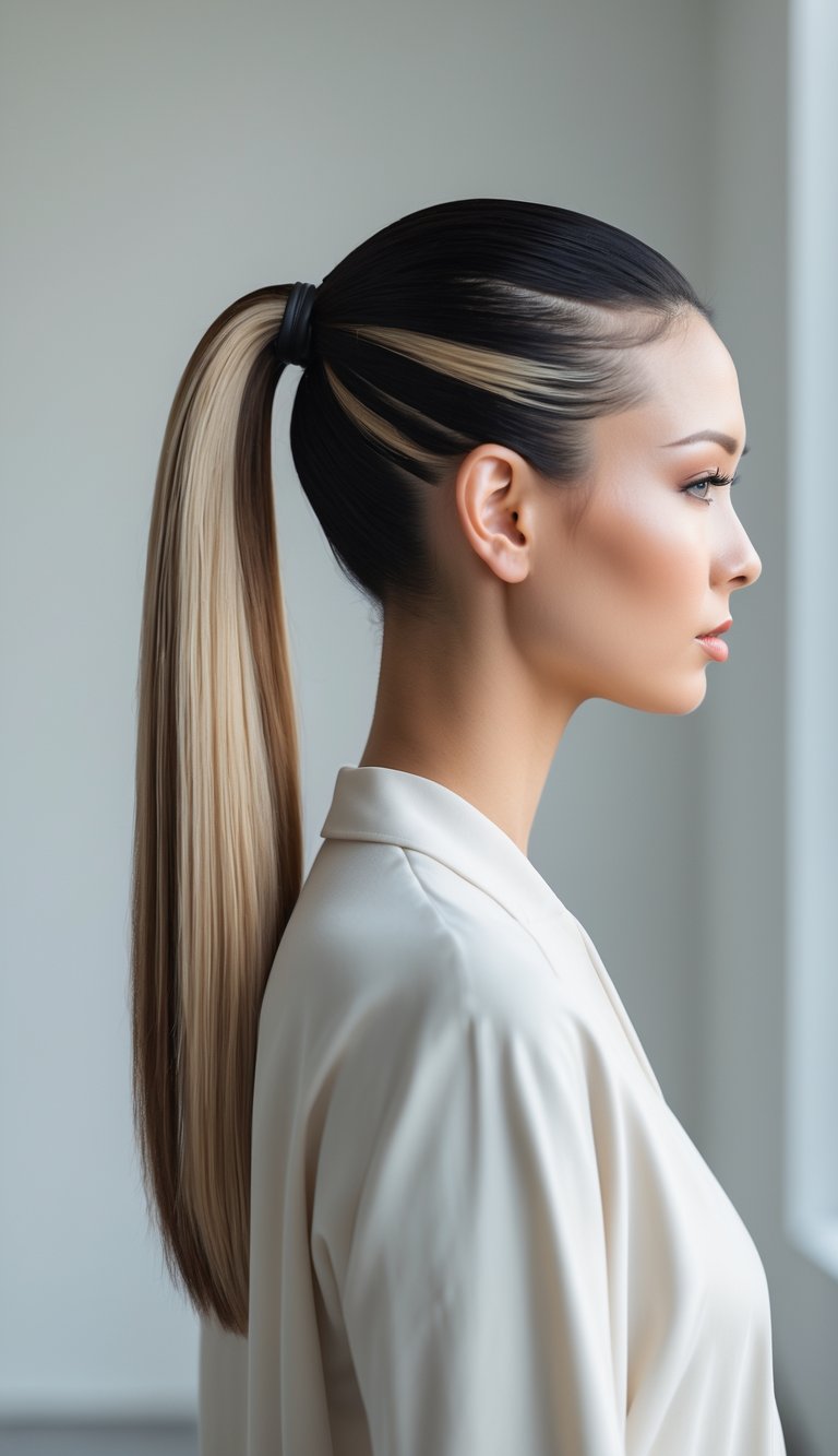 A woman with a low ponytail hairstyle featuring thick highlights, shown from the shoulders up against a plain background.