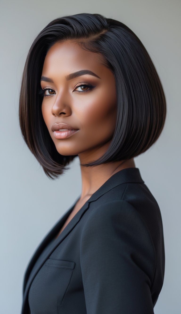 Portrait of a woman with thick hair styled in a bob haircut with a center parting, looking confidently at the camera.